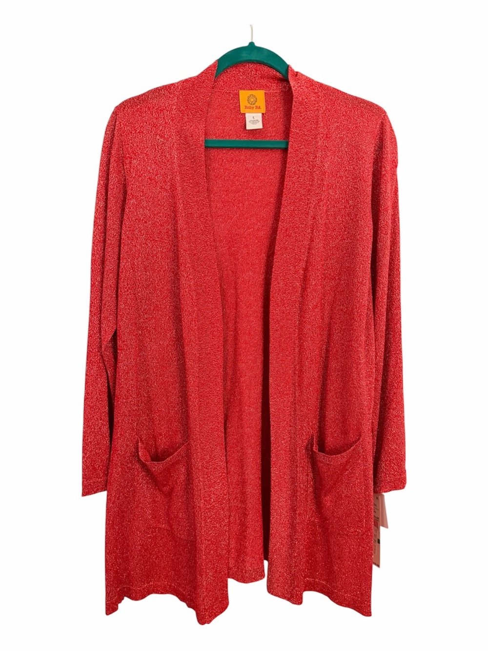 RUBY RD. L Long Open Front Red Sparkle Cardigan NWT